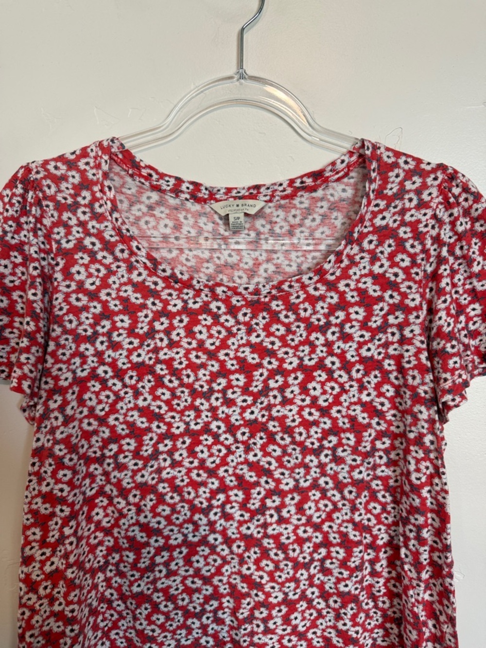 Lucky Brand Red Floral Tee Soft Cotton Modal Short Sleeve Top Size S - Picture 10 of 10